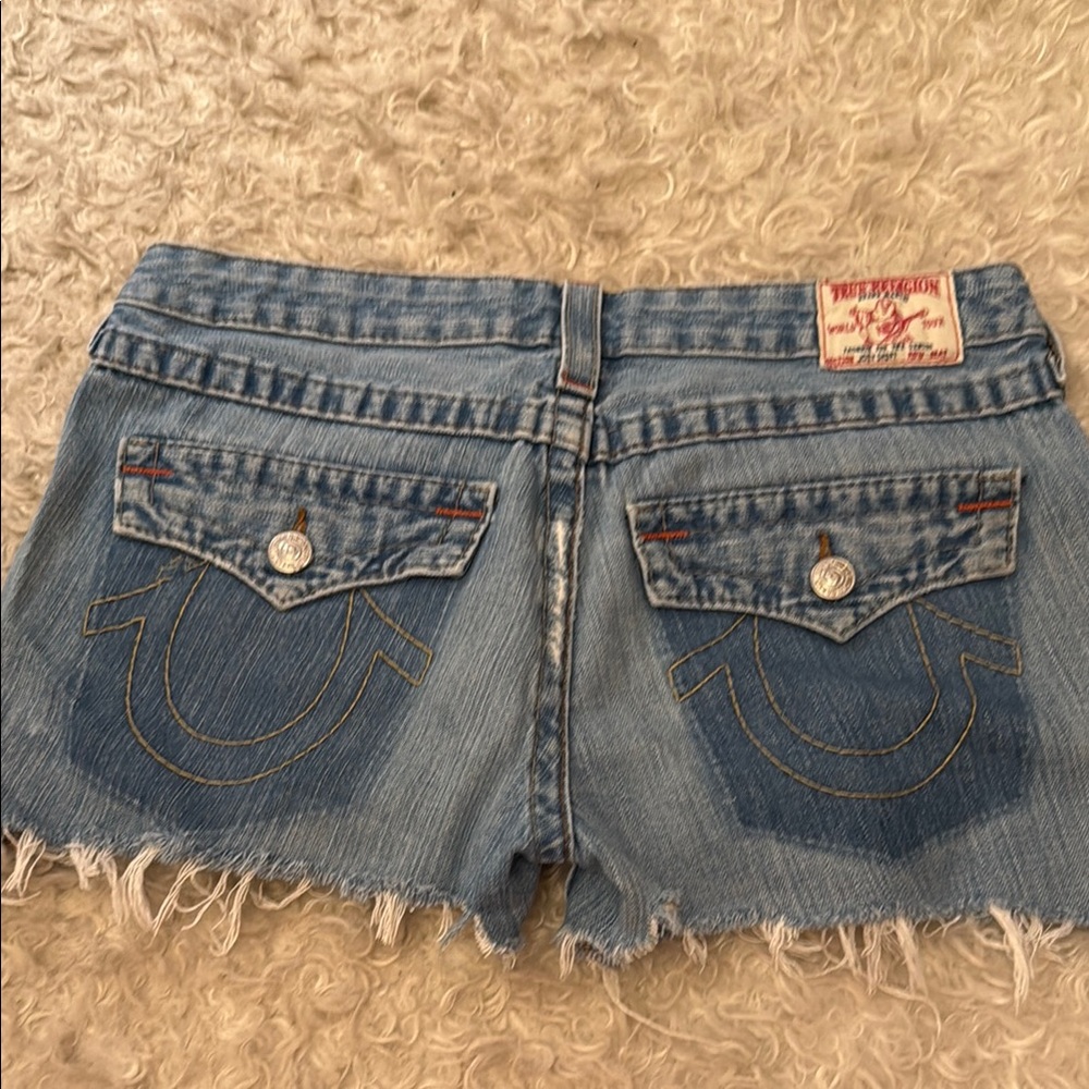 True Religion Light Blue Frayed Denim Shorts